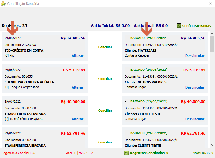 Tela Conciliação Bancária com 25 registros; lado esquerdo lista movimentos do extrato OFX de 29/06/2022 (TED-CRÉDITO EM CONTA, CHEQUE PAGO OUTRA AGÊNCIA, TRANSFERÊNCIA ENVIADA) com botão Conciliar; lado direito exibe títulos com status BAIXADO (29/06/2022) vinculados automaticamente, com botão Desvincular