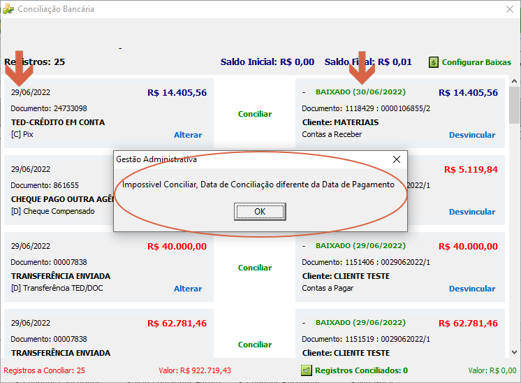 Tela Conciliação Bancária com pop-up da Gestão Administrativa exibindo a mensagem "Impossível Conciliar, Data de Conciliação diferente da Data de Pagamento" com botão OK