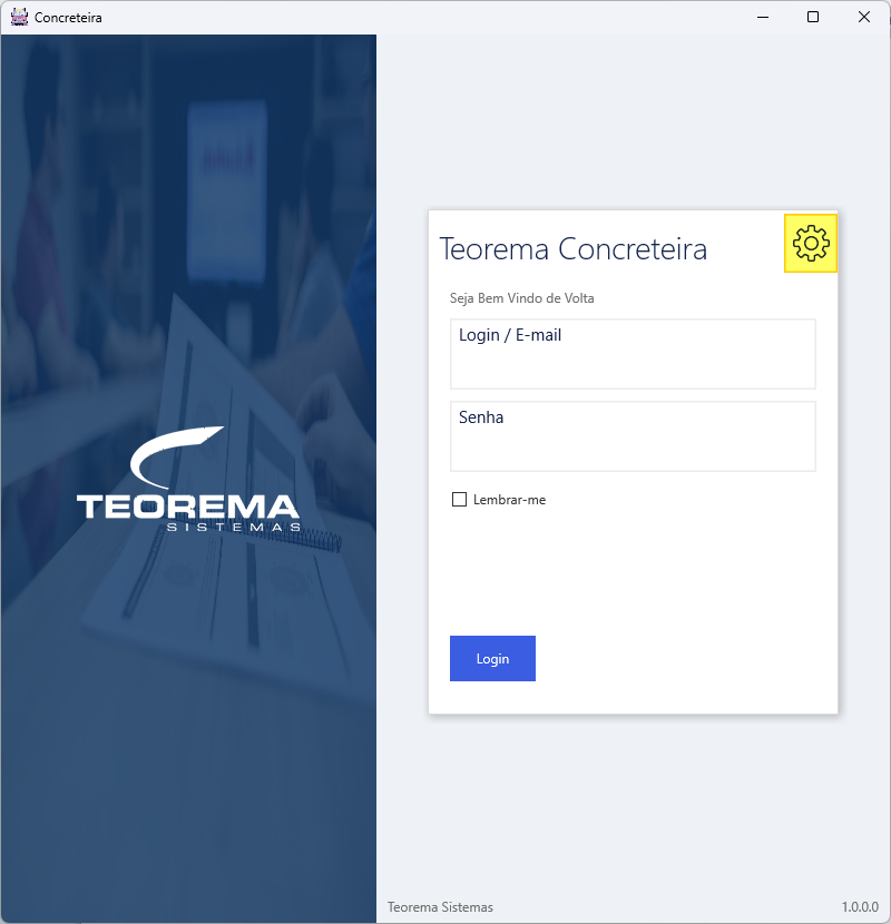 Tela de login "Teorema Concreteira" com campos Login / E-mail e Senha, checkbox Lembrar-me, botão Login e ícone de engrenagem no canto superior direito
