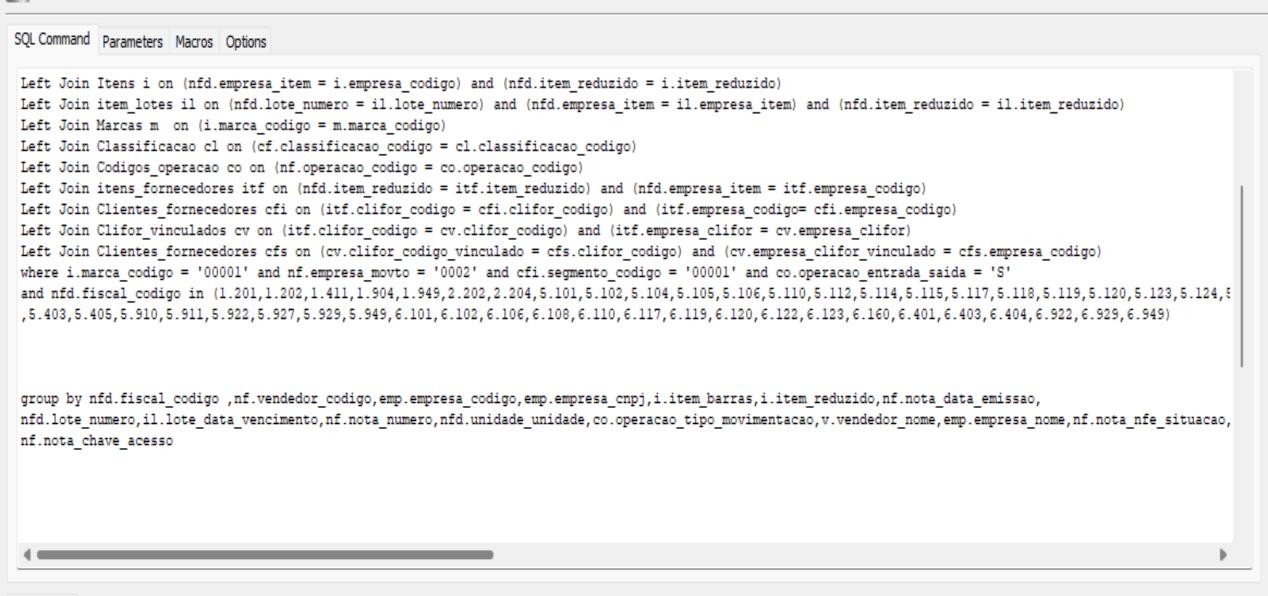 FireDAC Query Editor (consulta de Vendas) exibindo SQL com joins em notas_fiscais_ms, itens, item_lotes, Marcas, Classificacao, Codigos_operacao, itens_fornecedores, Clientes_fornecedores e Clifor_vinculados; cláusula WHERE com filtros i.marca_codigo = '00001', nfd.empresa_movto = '0002', cfi.segmento_codigo = '00001', co.operacao_entrada_saida = 'S' e lista de códigos fiscais; GROUP BY por campos de nota, item e empresa