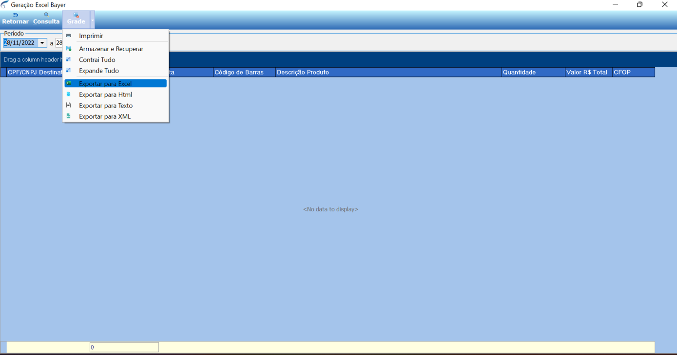Tela "Geração Excel Bayer" com menu Grade expandido exibindo as opções Imprimir, Armazenar e Recuperar, Contrai Tudo, Expande Tudo, "Exportar para Excel" destacada, Exportar para Html, Exportar para Texto e Exportar para XML; grade com colunas CPF/CNPJ Destinatário, Código de Barras, Descrição Produto, Quantidade, Valor R$ Total e CFOP