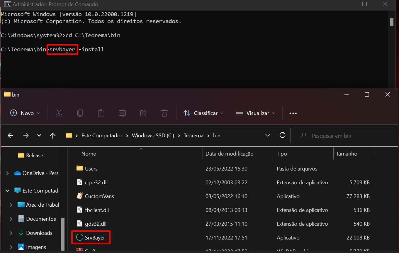 Prompt de Comando (Administrador) exibindo os comandos "cd C:\Teorema\bin" e "srvbayer -install"; pasta bin do Explorer com o arquivo SrvBayer destacado