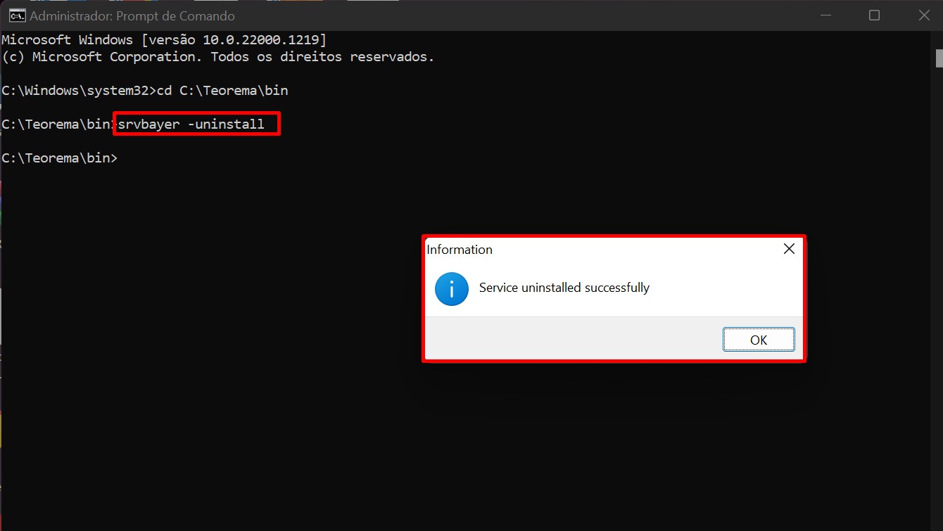 Prompt de Comando (Administrador) com o comando "srvbayer -uninstall" executado e caixa de diálogo "Information" exibindo a mensagem "Service uninstalled successfully" com botão OK