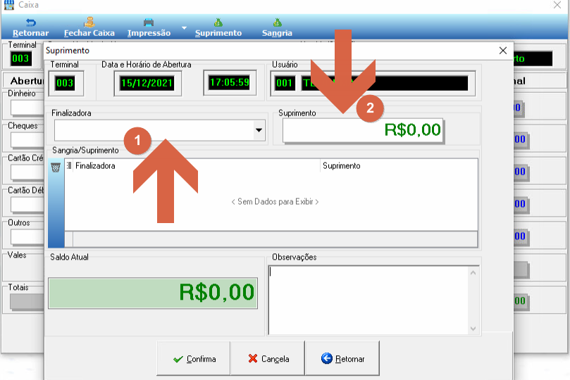 Modal Suprimento com campos Finalizadora (lista vazia) e Suprimento (R$0,00), grade Sangria/Suprimento vazia e Saldo Atual R$0,00