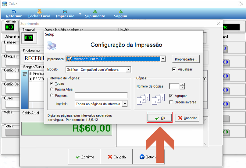 Tela "Configuração da Impressão" sobre modal Suprimento; botão Ok em destaque
