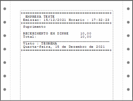 Recibo impresso com cabeçalho "EMPRESA TESTE", data/hora 15/12/2021 17:32:23, tipo "Suprimento", RECEBIMENTO EM DINHE 10,00, Total: 10,00, visto TEOREMA e data Quarta-feira 15 de Dezembro de 2021