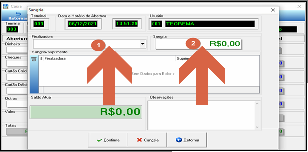 Modal Sangria com campos Finalizadora e Sangria (R$0,00) vazios, grade Sangria/Suprimento sem dados e Saldo Atual R$0,00