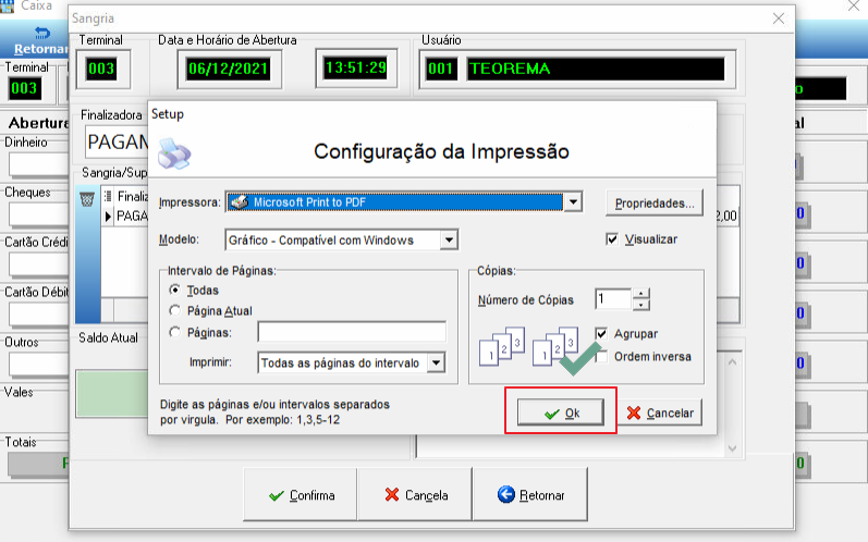 Tela "Configuração da Impressão" sobre modal Sangria; botão Ok em destaque