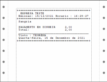 Recibo impresso com cabeçalho "EMPRESA TESTE", data/hora 15/12/2021 16:29:27, tipo "Sangria", PAGAMENTO EM DINHEIR 2,00, Total: 2,00, visto TEOREMA e data Quarta-feira 15 de Dezembro de 2021
