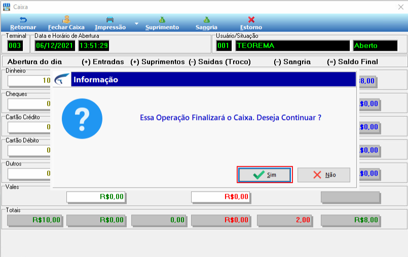 Caixa de diálogo "Informação: Essa Operação Finalizará o Caixa. Deseja Continuar?" com botões Sim e Não; tela Caixa ao fundo com Totais Dinheiro R$10,00 e Saldo Final R$8,00