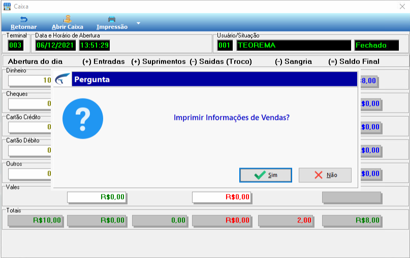 Caixa de diálogo "Pergunta: Imprimir Informações de Vendas?" com botões Sim e Não; tela Caixa ao fundo com status Fechado