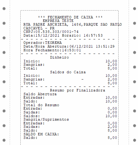 Recibo impresso "FECHAMENTO DE CAIXA — EMPRESA TESTE", CNPJ 08.538.303/0001-74, operador TEOREMA, data/hora abertura 06/12/2021 13:51:29, hora fechamento 16:53:01, seção Dinheiro com Inicio 10,00 / Sangrias 2,00 / Total 8,00, Saldo em Caixa 8,00