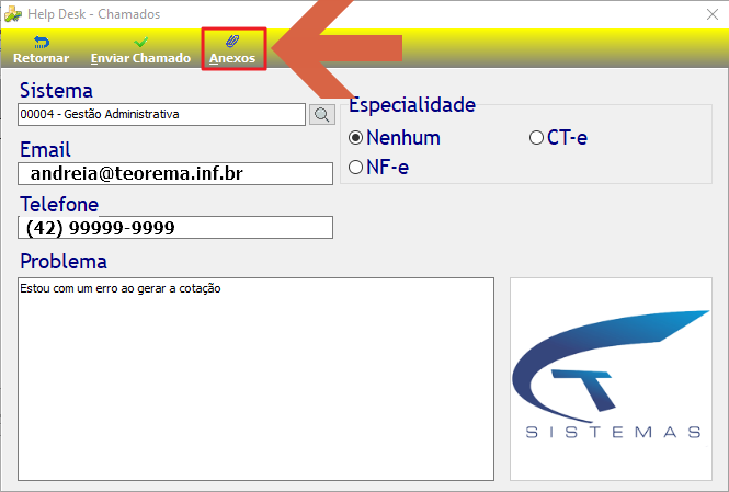Tela Help Desk - Chamados com seta indicando o botão Anexos destacado na barra de ferramentas