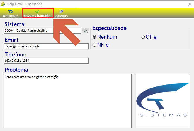 Tela Help Desk - Chamados com seta indicando o botão "Enviar Chamado" na barra de ferramentas