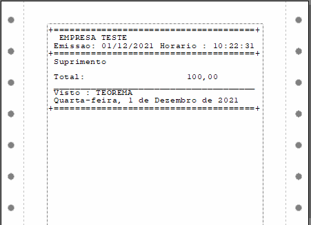 Recibo de abertura de caixa em modo texto com campos EMPRESA TESTE, Emissão, Suprimento, Total 100,00 e assinatura Visto TEOREMA