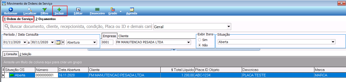 Tela Movimento de Ordens de Serviço com aba 1 Ordem de Serviço, botões Incluir e Localizar na barra superior, e lista de OS com situação, número, data de abertura, cliente, total líquido, placa, descrição e marca