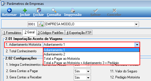 Parâmetros de Empresas – aba 2 Geral, seção 2.01 Importação Acerto de Viagens, campo Adiantamento Motorista expandido com as opções de adiantamento disponíveis