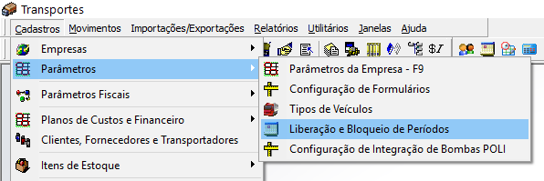 Menu Parâmetros do módulo Transportes com o item Liberação e Bloqueio de Períodos em destaque