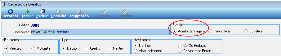 Cadastro de Eventos – tipo Acerto de Viagens selecionado, campos Código e Descrição preenchidos