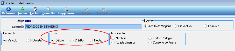 Cadastro de Eventos – campo Tipo com opção Débito selecionada