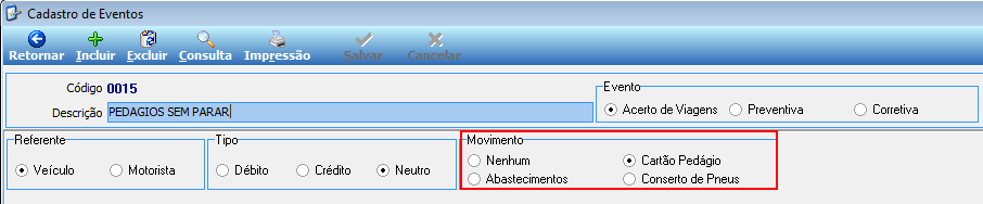 Cadastro de Eventos – campo Movimento com opção Cartão Pedágio selecionada