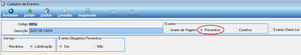 Cadastro de Eventos – tipo Preventiva selecionado, campo Serviço com opção Lubrificação marcada e Evento Obrigatório Preventiva definido como Sim