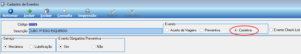Cadastro de Eventos – tipo Corretiva selecionado, campo Descrição preenchido com CUBO 3º EIXO ESQUERDO