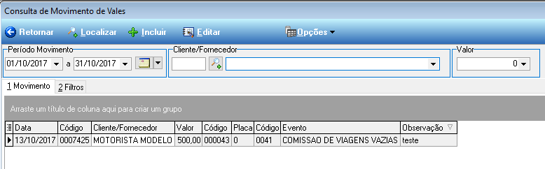 Consulta de Movimento de Vales – filtros Período Movimento, Cliente/Fornecedor e Valor; grade com colunas Data, Código, Cliente/Fornecedor, Valor, Código, Placa, Código, Evento e Observação