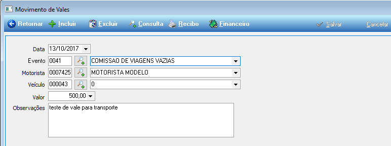 Tela Movimento de Vales – campos Data, Evento, Motorista, Veículo, Valor e Observações