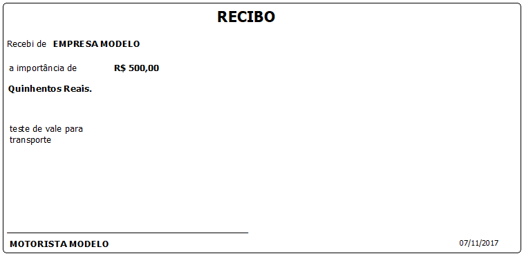 Recibo de Vale impresso com os campos Recebi de, importância, descrição e espaço para assinatura do motorista