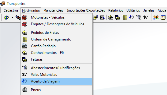 Menu Movimentos do módulo Transportes com o item Acerto de Viagem destacado