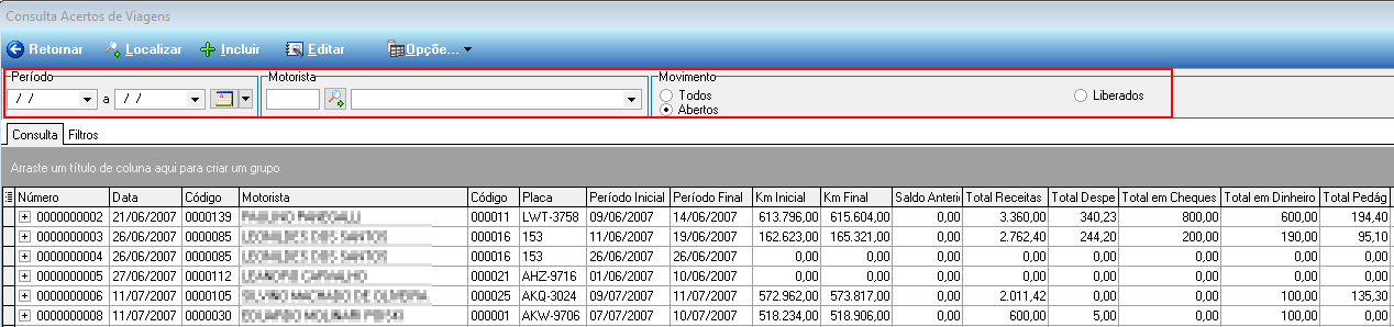 Tela Consulta Acertos de Viagens – filtros Período, Motorista e Movimento; grade com colunas Número, Data, Código, Motorista, Código, Placa, Período Inicial, Período Final, Km Inicial, Km Final, Saldo Anterior, Total Receitas, Total Despesas, Total em Cheques, Total em Dinheiro e Total Pedágios