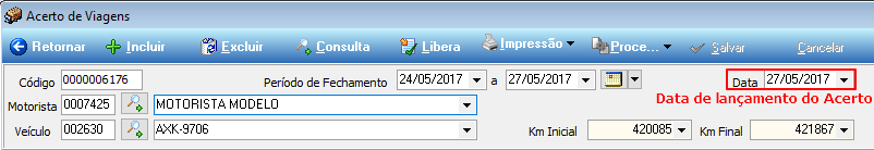 Detalhe do cabeçalho do Acerto de Viagens – campos Código, Período de Fechamento, Data (indicada como data de lançamento do acerto), Motorista, Veículo, Km Inicial e Km Final