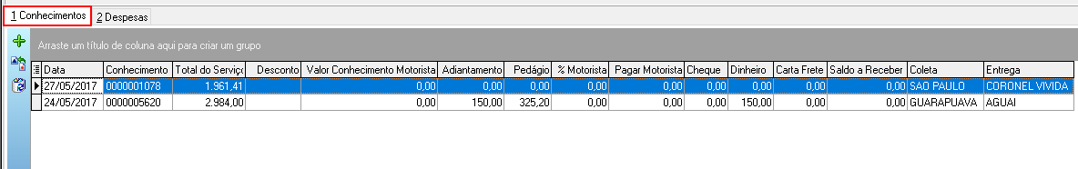 Aba 1 Conhecimentos – grade com dois conhecimentos lançados, colunas Data, Conhecimento, Total do Serviço, Valor Conhecimento Motorista, Adiantamento, Pedágio, % Motorista, Pagar Motorista, Cheque, Dinheiro, Carta Frete, Saldo a Receber, Coleta e Entrega