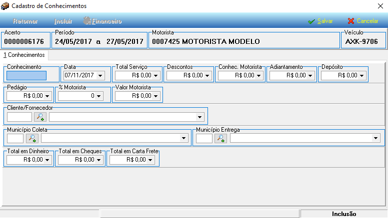 Tela Cadastro de Conhecimentos – campos Acerto, Período, Motorista, Veículo, Conhecimento, Data, Total Serviço, Descontos, Conhecimento Motorista, Adiantamento, Depósito, Pedágio, % Motorista, Valor Motorista, Cliente/Fornecedor, Município Coleta, Município Entrega, Total em Dinheiro, Total em Cheques e Total em Carta Frete