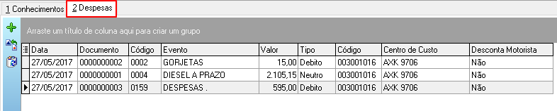 Aba 2 Despesas – grade com colunas Data, Documento, Código, Evento, Valor, Tipo, Código, Centro de Custo e Desconta Motorista; exemplos com eventos GORJETAS (Débito), DIESEL A PRAZO (Neutro) e DESPESAS (Débito)