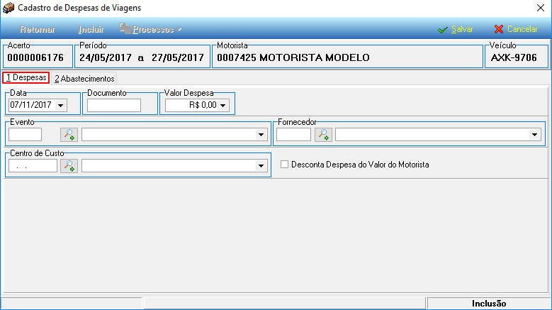 Cadastro de Despesas de Viagens – aba 1 Despesas com campos Data, Documento, Valor Despesa, Evento, Fornecedor, Centro de Custo e checkbox Desconta Despesa do Valor do Motorista