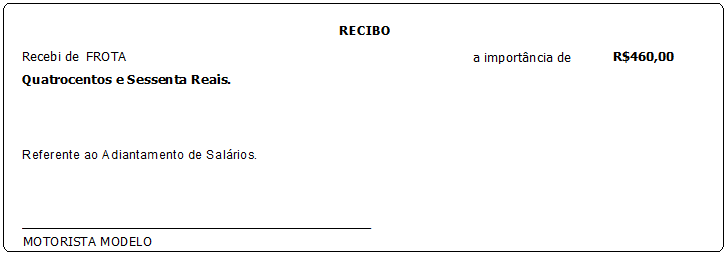 Recibo impresso com campos Recebi de (FROTA), importância R$ 460,00 (Quatrocentos e Sessenta Reais), referência ao Adiantamento de Salários e espaço para assinatura do motorista