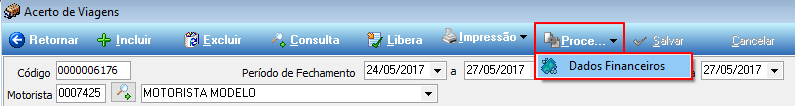 Menu Proce... expandido na tela Acerto de Viagens com o item Dados Financeiros em destaque