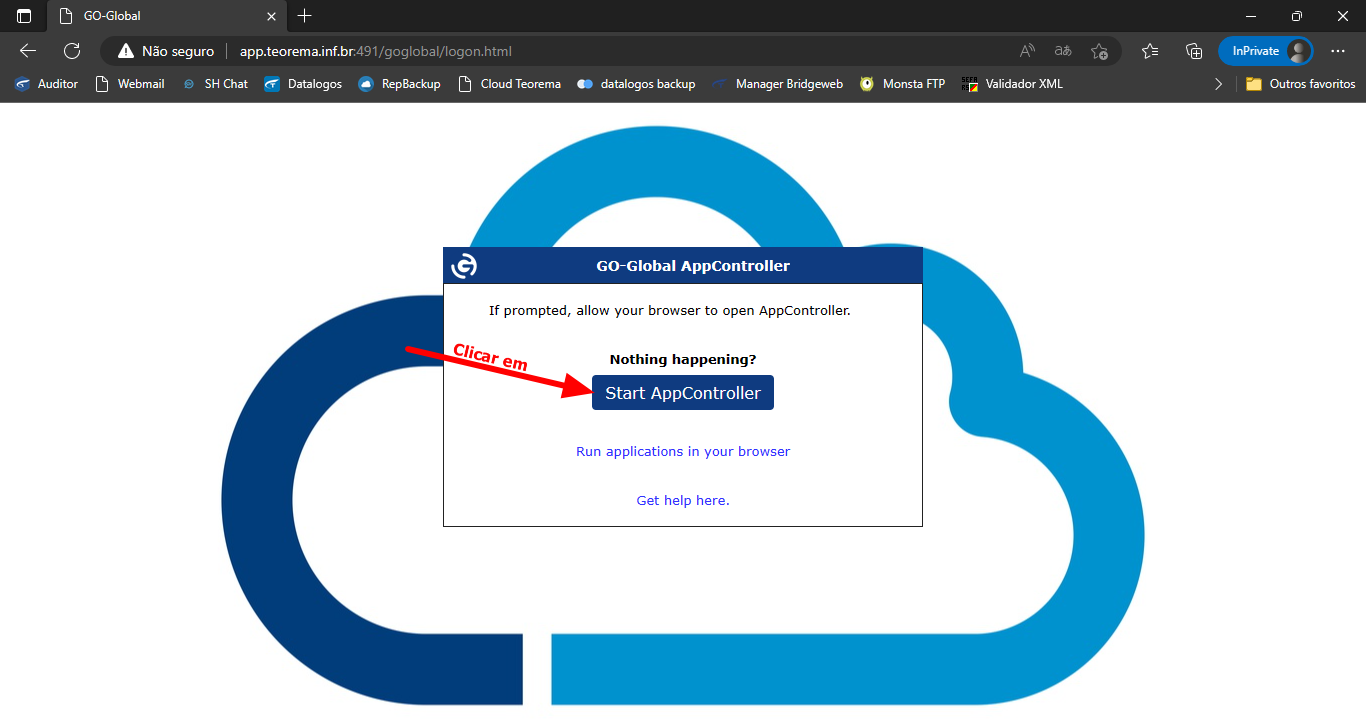 Página de logon do GO-Global exibindo o dialog "GO-Global AppController" com o botão "Start AppController"