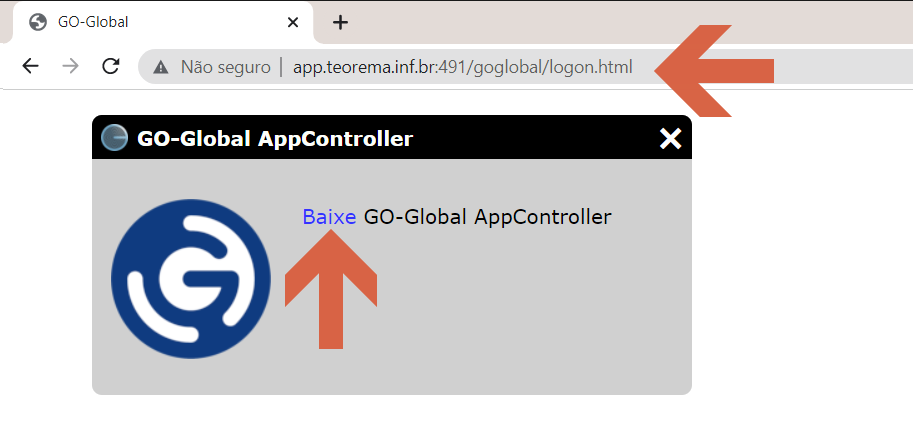 Navegador exibindo a página GO-Global com o diálogo "Baixe GO-Global AppController" e link para download do aplicativo