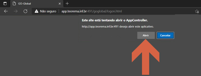 Navegador exibindo o diálogo "Este site está tentando abrir o AppController" com os botões "Abrir" e "Cancelar"
