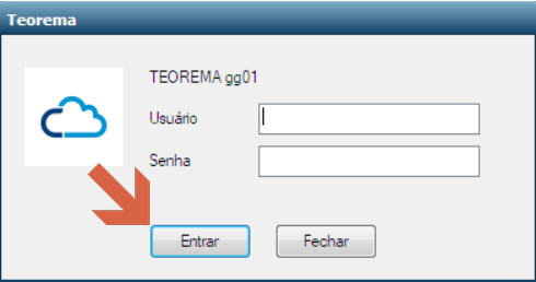 Tela de login do AppController "TEOREMA gg01" com campos Usuário e Senha vazios e botões Entrar e Fechar