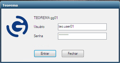 Tela de login do AppController "TEOREMA gg01" com campo Usuário preenchido e senha mascarada, pronto para clicar em Entrar