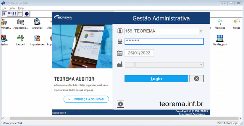 Tela de login do sistema Teorema Gestão Administrativa aberta dentro do GO-Global, com campos de empresa, senha e data, e botão Login