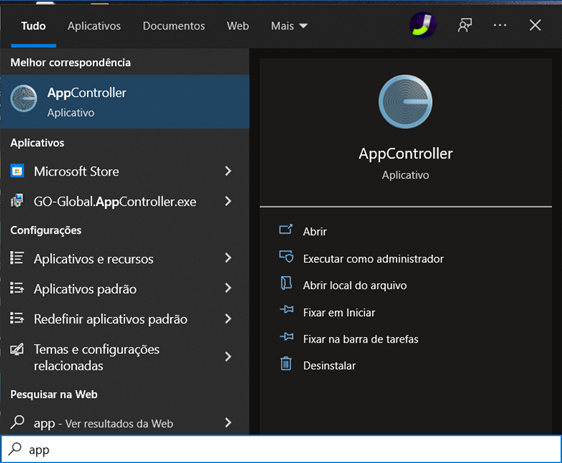 Menu Iniciar do Windows com pesquisa "app" exibindo o resultado "AppController – Aplicativo" e opções Abrir, Executar como administrador, Abrir local do arquivo, Fixar em Iniciar, Fixar na barra de tarefas e Desinstalar