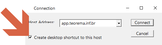 Janela "Connection" do AppController com campo Host Address preenchido com "app.teorema.inf.br", caixa "Create desktop shortcut to this host" marcada e botões Connect e Cancel