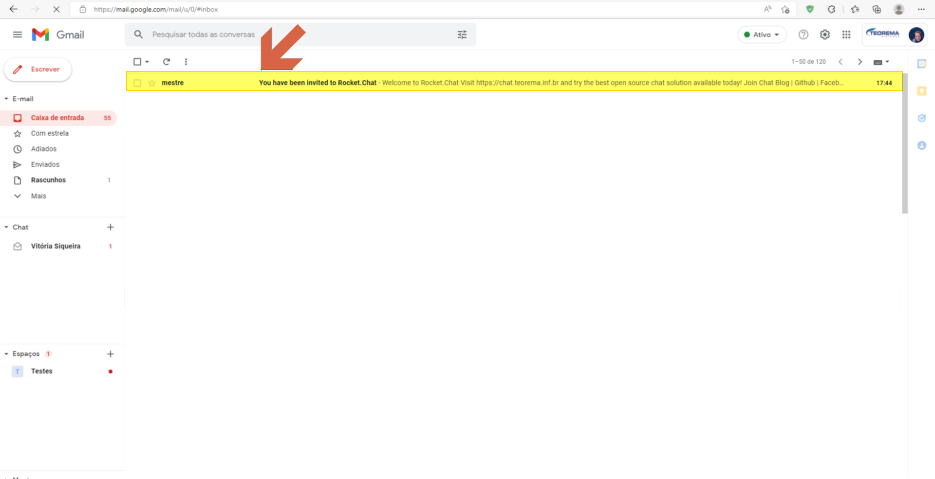 Caixa de entrada do Gmail com e-mail do remetente "mestre" com assunto "You have been invited to Rocket.Chat" destacado
