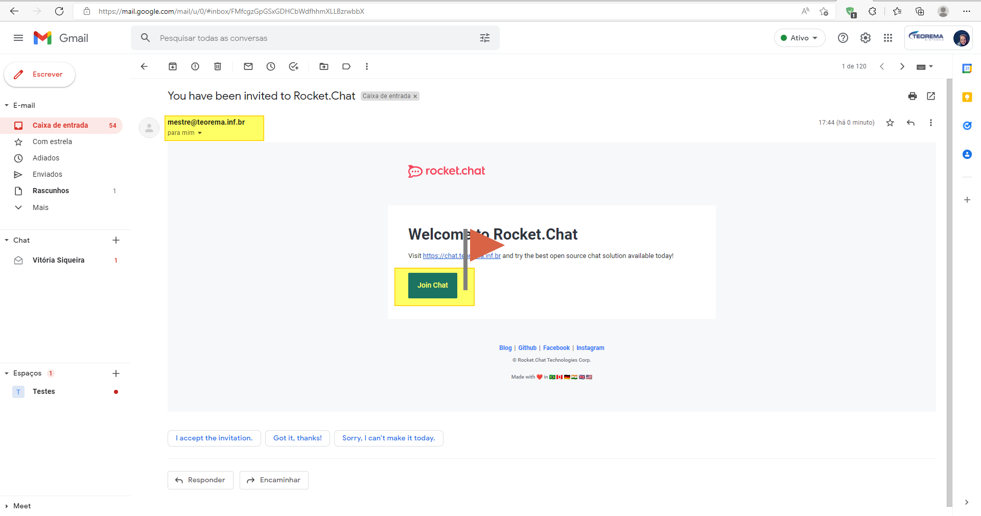 E-mail de convite do Rocket.Chat aberto no Gmail, enviado por mestre@teorema.inf.br, com botão "Join Chat" em destaque
