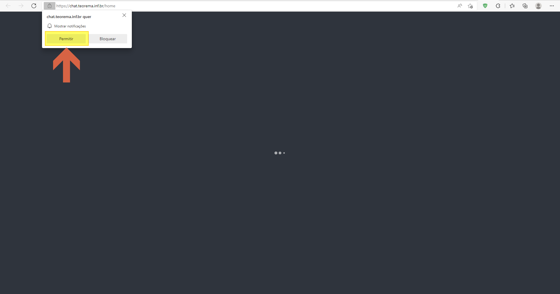 Diálogo do navegador em chat.teorema.inf.br com opções "Permitir" e "Bloquear" para notificações; seta indica o botão "Permitir"